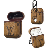 LV Monogram Style Light Brown Leather ShockProof Case for Apple Airpods 1 & 2